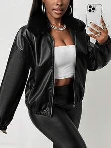 BamGleam Chaqueta de cuero casual y suelta con cuello de piel - Negro - Ver 4