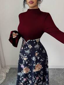 Modelyn 女士优雅印花高领连衣裙，饰有串珠，适合秋冬季穿着 - 紅色和黑色 - 查看 3