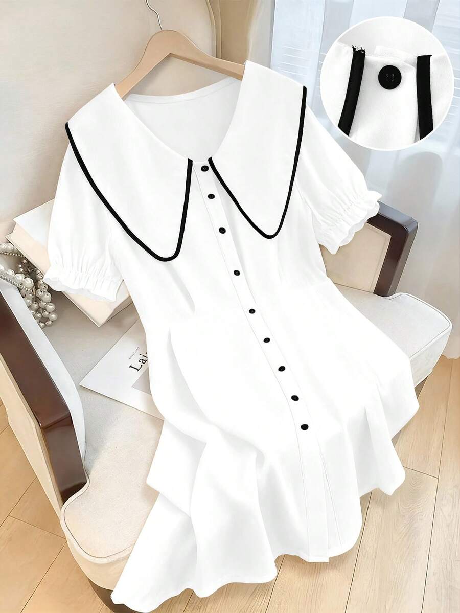 SHEIN Clasi 大码彼得潘领泡泡袖休闲度假连衣裙 - 白色 - 查看 1