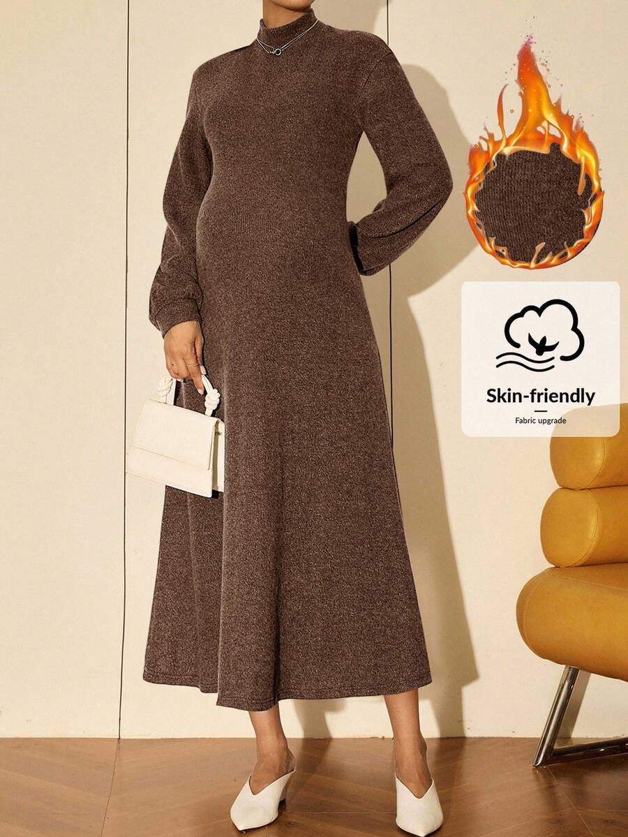 MaterniWear Váy bầu tay dài cổ đứng màu trơn ấm áp, thu/đông - màu nâu - Xem 1