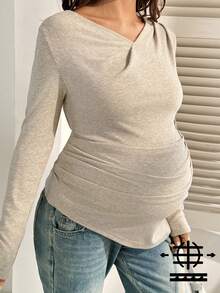 SHEIN 孕妇纯色V领长袖褶皱休闲修身T恤