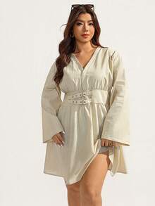Elaquor Plus Size Women Waist Cinched Long Sleeve Apricot Casual Dress, Versatile For Daily Commute - Apricot - View 4