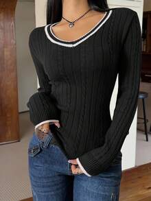 SHEIN EZwear Women's Casual Ribbed Trim Fitted Twist Knit V-Neck Sweater, Autumn Cable Knit Sweater Long Sleeve V-Neck Top,Fall Ribbed Top Knit Top Women Women Long Sleeve Tops Long Sleeve Black Top - Black and White - View 6