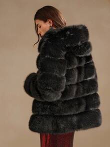 Anewsta 秋冬新款时尚淑女仿狐狸毛大衣，时尚毛茸茸面料外套 - 黑色 - 查看 2