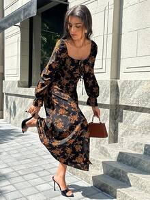Chiquease Women's Spring/Autumn Vacation Style Allover Floral Print Square Neck Tie-Front Ruffle Sleeve Cinched Waist High Slit Hem Dress - Multicolor - View 6
