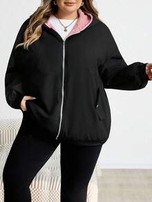SHEIN CURVE+ Women's Plus Size Black Contrast Color Hooded Fuzzy Lined Jacket, Autumn/Winter Coat Winter Clothes For Women - Black - View 5