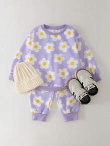 THE HAPPY LOOK 2pcs/Set Young Girl Floral Print Knit Soft Crew Neck Long Sleeve Sweatshirt And Elastic Waist Pants Kids Flower Set Summer Outfit Toddler Co Ord - Multicolor - View 3