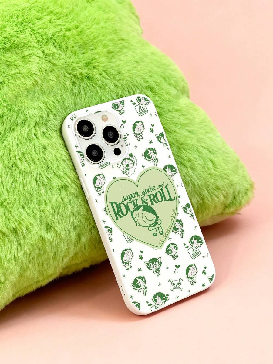 THE POWERPUFF GIRLS X SHEIN 亮白色可爱泡泡女英雄毛毛爱心图案手机壳,甜美可爱风格,兼容和Galaxy,是女孩日常使用和送礼的理想之选 | 兼容17/17 Pro Max及更多Galaxy机型 - 白色 - 查看 1