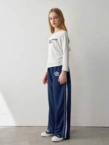 Tween Girls' Fashion Casual Lace Trim Embroidered Pants - Navy Blue - View 7