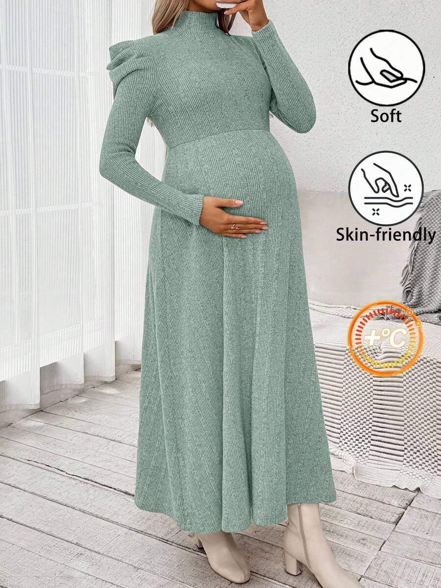 SHEIN 孕妇纯色高领泡泡袖休闲连衣裙 - 綠色 - 查看 1