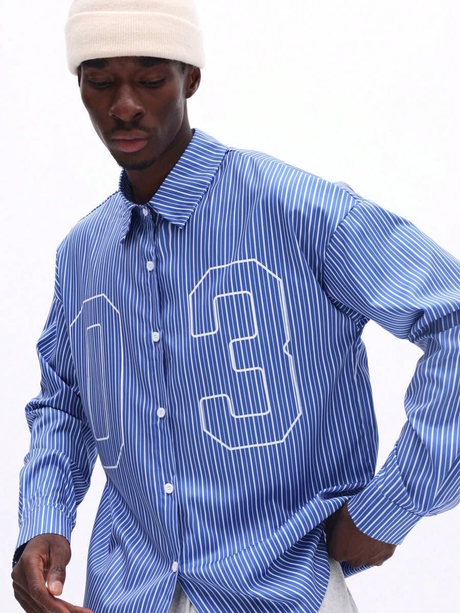SUMWON 男士长袖纽扣条纹领衬衫，印花图案，常规版型，休闲工作办公春夏轻薄商务衬衫 - 藍白色 - 查看 1