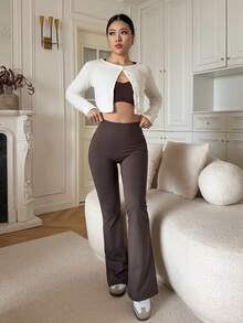 DAZY 女士纯色高腰修身透气喇叭裤 - 棕色 - 查看 5