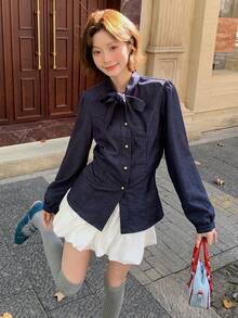 DAZY Women's Bow Tie Strap Korean Style Denim Blouse