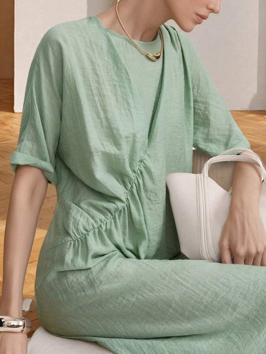 Aalyst Women's Solid Color Long Sleeve Loose Asymmetrical Summer Dress - Mint Green - View 1