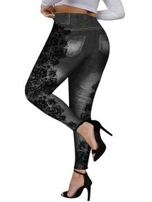 SHEIN LUNE Plus Size Women's Fashion Design Lace Trim Denim Effect Casual Leggings - Multicolor - View 2