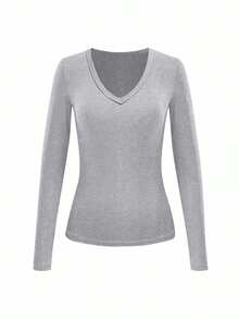 SHEIN LUNE Women's Casual Everyday Commute Simple Solid Color Ribbed V-Neck Fitted Long Sleeve T-Shirt, Spring/Autumn - Grey - View 3