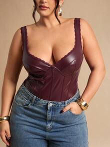 SHEIN BAE Plus Size Women's Burgundy Lace PU Bustier, Fishbone Bodysuit,Autumn/Winter Solid Wine Red Elastic PU Camisole, Women's Bralette, Wine Red Bra Top, Ladies' Vest Cami, Autumn/Winter Base Layer Cami, Party Cocktail Event - Burgundy - View 6