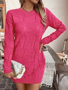 EMERY ROSE Women's Loose Casual Round Neck Drop Shoulder Long Sleeve Knitted Sweater Dress, Autumn/Winter - Hot Pink - View 6