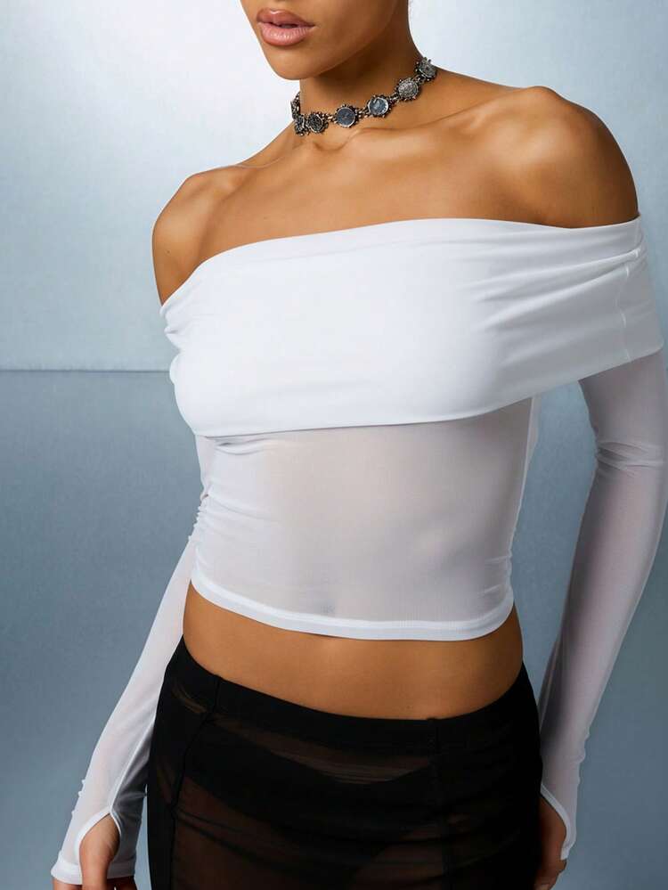 SUMWON Off Shoulder Bardot Long Sleeve Crop Top With Thumb Holes Mesh Overlay Fashion