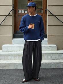 SWAVVY Men's Striped Print Pocket Pants Men Pants Dress Men Wide Leg Pants Japanese Pants For Men Pleated Pants Pinstripe Pants Men Dress Pants - Black - View 5