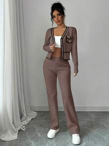 Elenzga 2pcs Elegant Sweater Set: Contrast Trim V-Neck Button Front Long Sleeve Top And Solid Color Pants - Mocha Brown - View 3