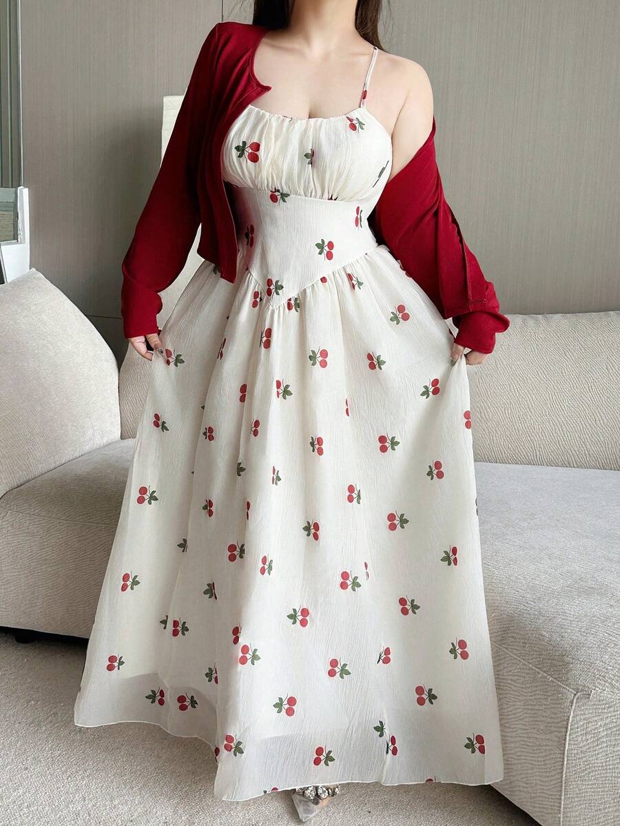 Vibekara Bộ 2 món áo len cardigan tay dài cỡ lớn kèm váy chắp vá xếp ly dáng chữ A không tay in họa tiết - Nhiều màu - Xem 1