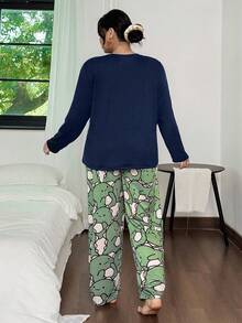 SHEIN Plus Size Cute Dinosaur Print Long Sleeve Pajama Set Dinosaur Pajamas Pajamas Long Sleeve