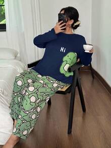 SHEIN Plus Size Cute Dinosaur Print Long Sleeve Pajama Set Dinosaur Pajamas Pajamas Long Sleeve