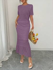 Elenzga 2025 New French Style White Hollow Out Short Sleeve Top + Skirt 2 Pieces Set, Spring - Purple - View 3