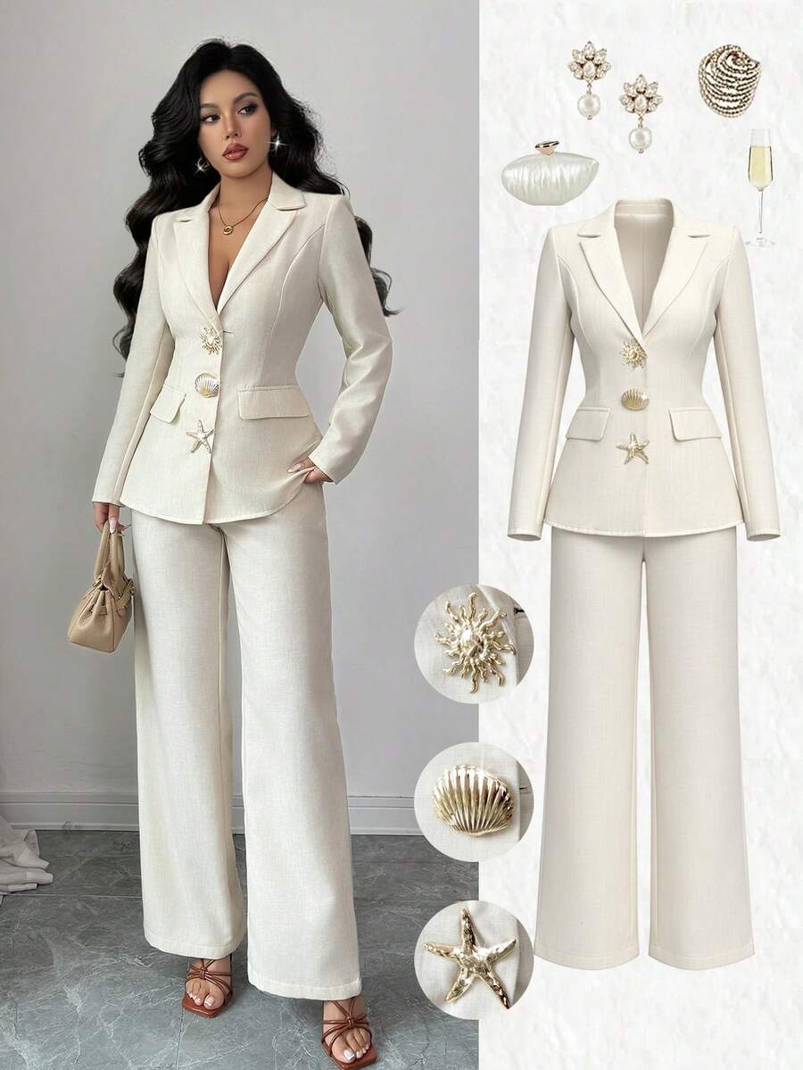 Selianne Women's Apricot Sexy & Elegant Commuter Shirt Collar Metal Button Decor Fake Pocket Design Long Sleeve Slim Fit Waist Suit Jacket + Women's Apricot Sexy & Elegant Commuter Double Pocket Design Slim Fit Straight Leg Pants, Spring/Autumn