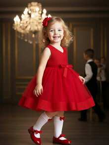 SHEIN 1pc Baby Girl Red Summer Elegant Formal Textured Sleeveless Dress,Comfortable Versatile Fashion Wear For Birthday Party,Wedding,Christening,Holiday - Red - View 7