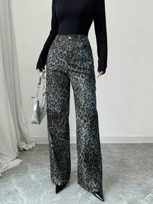 Rafferiza Leopard Print Straight Leg Casual High Waist Loose Wide Leg Cargo Pants - Green - View 5