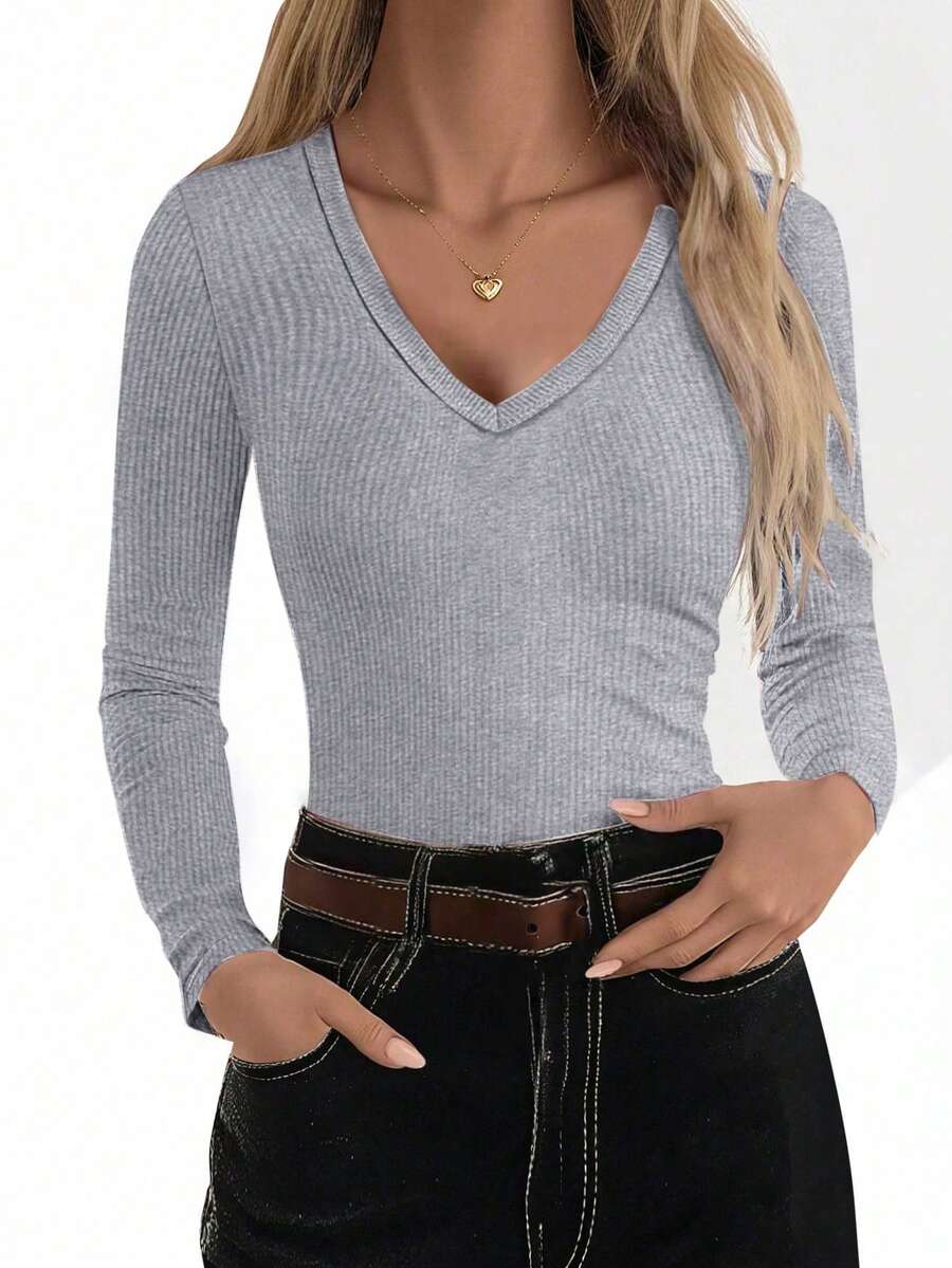 SHEIN LUNE Women's Casual Everyday Commute Simple Solid Color Ribbed V-Neck Fitted Long Sleeve T-Shirt, Spring/Autumn - Grey - View 1