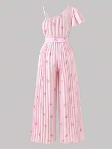 SHEIN ChillGRL Streecool Tween Girl Girls Casual Fashionable Everyday Ruffle Shoulder Bow Tie Waist Striped Jumpsuit, Spring/Summer - Pink - View 2