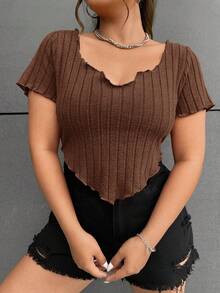 SHEIN EZwear Plus Size Women Chocolate Brown Ribbed Casual Versatile T-Shirt, Short Sleeve Coffee Brown Top - Chocolate Brown - View 4