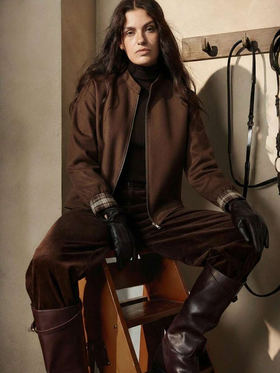 女式绒面格子拼接设计复古街头风格学院风别致美式咖啡棕色高端夹克 - 咖啡棕 - 查看 1