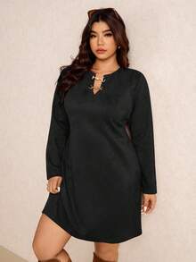 Elaquor Plus Size Women Metal Chain Decor Solid Color Long Sleeve Casual Dress/Christmas Dress - Black - View 7