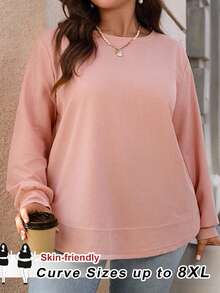 SHEIN CURVE+ Plus Size Casual Solid Color Round Neck Sweatshirt For Women, Women's Autumn Clothing, Women's Autumn Clothing/Winter