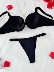 1pc Women's Solid Color Comfortable Underwear Set (With Underwire) - Black - View 2