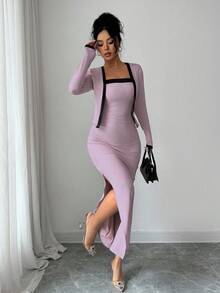 SHEIN Elenzya 两件套女士优雅撞色长袖开衫吊带裙套装，适合派对、家庭聚会、圣诞节、万圣节、情人节、新年、通勤和日常休闲穿着，秋冬季 - 紫色 - 查看 6