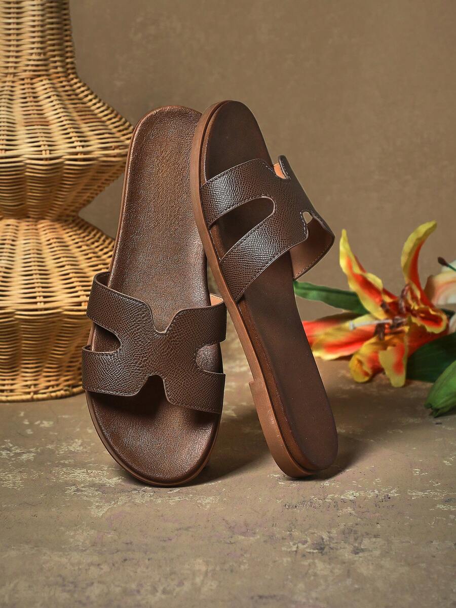 SHUZIA All-Time Bestseller Women's Supportive PU Midsole Harness Cutout Pu Dk. Olive Slides- Casual, Versatile, & Comfortable For Christmas Valentine's Day - Olive Green - View 1