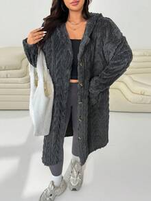 SHEIN EZwear Áo khoác dài bằng vải nỉ dày dặn, họa tiết cỡ lớn màu xám đậm, thời trang thu đông - Màu xám đen - Xem 3