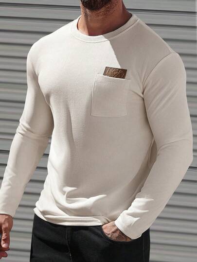 Manfinity Homme Áo thun nam dài tay cổ tròn màu kem trơn, có túi vá, kiểu dáng thường ngày, chất liệu kem, thích hợp mặc trong nhà. Áo thun nam dài tay, phù hợp cho nam giới.