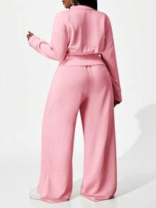 Slaydiva 大码女式纯色长袖拉链连帽衫和阔腿裤休闲套装两件套，舒适粉色两件套，端庄两件套 - 粉色 - 查看 2
