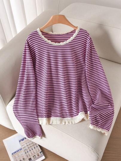 CosyJoli Women's Plus Size Round Neck Tassel Hem Striped T-Shirt, Casual All-Match Versatile Plus Size Tee Purple Spring
