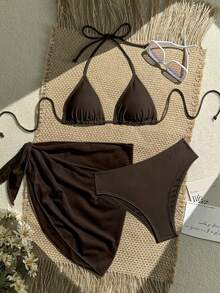 Swim Vcay 3pcs/Set Solid Color Bikini Swimsuit, Vacation Beach Brown Bathing Suit Women Bikini Set High Waist Brown Two Piece Set Women Brown Bikini Set Two Piece Beach Set - Coffee Brown - View 1