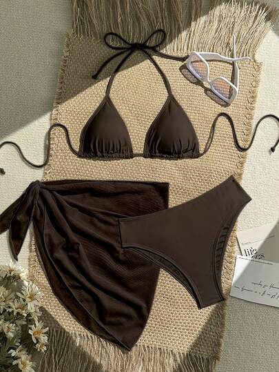 Swim Vcay 3pcs/Set Solid Color Bikini Swimsuit, Vacation Beach Brown Bathing Suit Women Bikini Set High Waist Brown Two Piece Set Women Brown Bikini Set Two Piece Beach Set