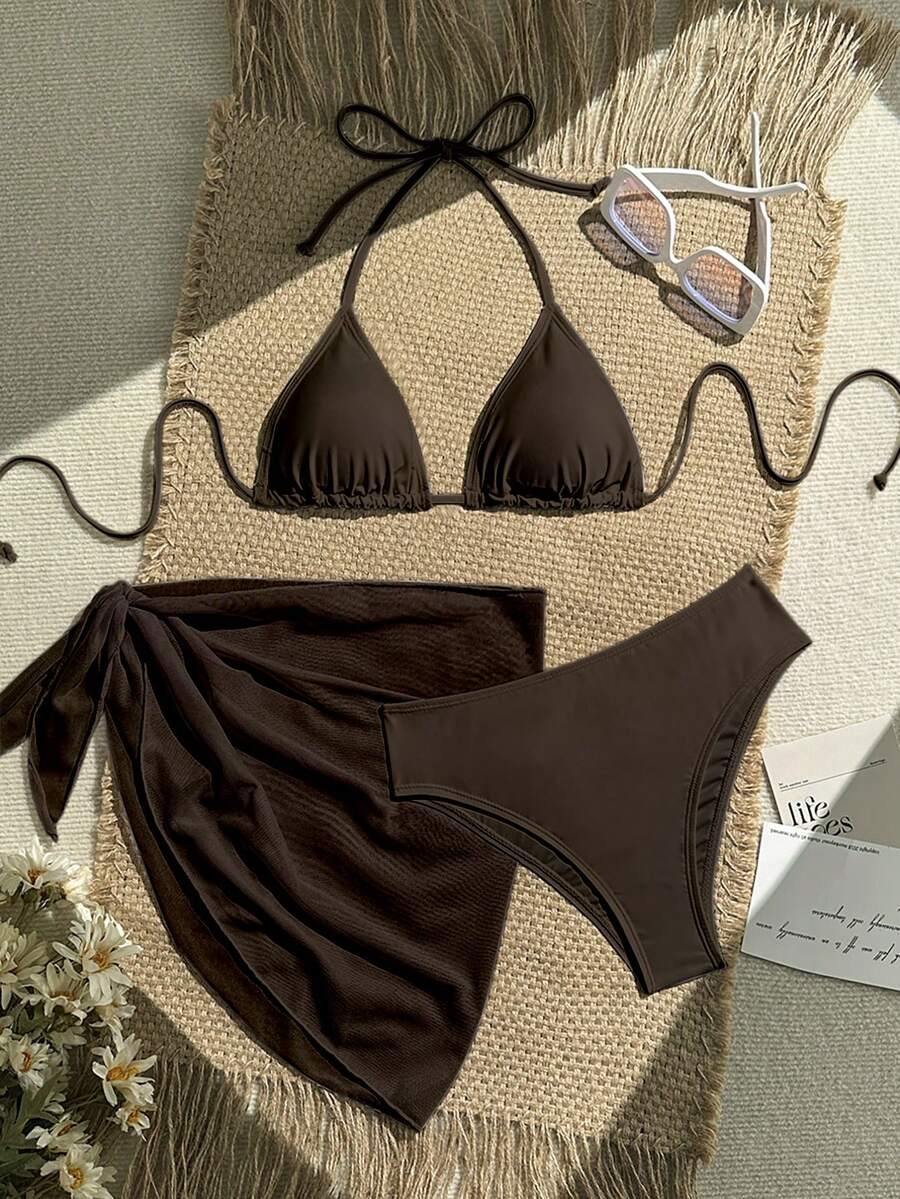Swim Vcay 3pcs/Set Solid Color Bikini Swimsuit, Vacation Beach Brown Bathing Suit Women Bikini Set High Waist Brown Two Piece Set Women Brown Bikini Set Two Piece Beach Set - Coffee Brown - View 1