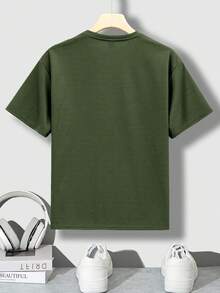 SHEIN 青少年男孩休閒落肩短袖上衣，3D壓紋英文文字設計 - 軍綠色 - 查看 3