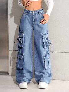 SHEIN Teen Girl Cargo Pockets Wide Leg Loose Casual Jeans, Baggy Cargo Jeans, Cargo Jeans Teen Girls, Y2k Baggy Jeans, Cargo Jeans Y2k, Wide Leg Cargo Jeans, Y2k Cargo Jeans, Washed Denim Cargo Pants, Low Rise Cargo Jeans Fall Winter - Medium Wash - View 4